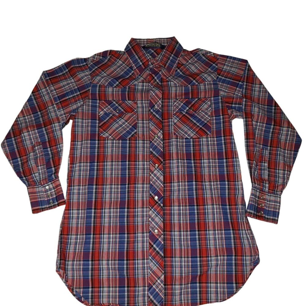 Vintage Lariat Western Pearl Snap Shirt Plaid Long Sleeve Size Med Made in USA